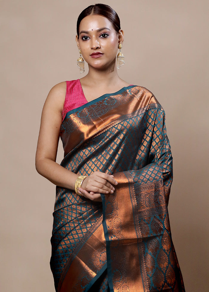 Blue Kanjivaram Silk Saree With Blouse Piece