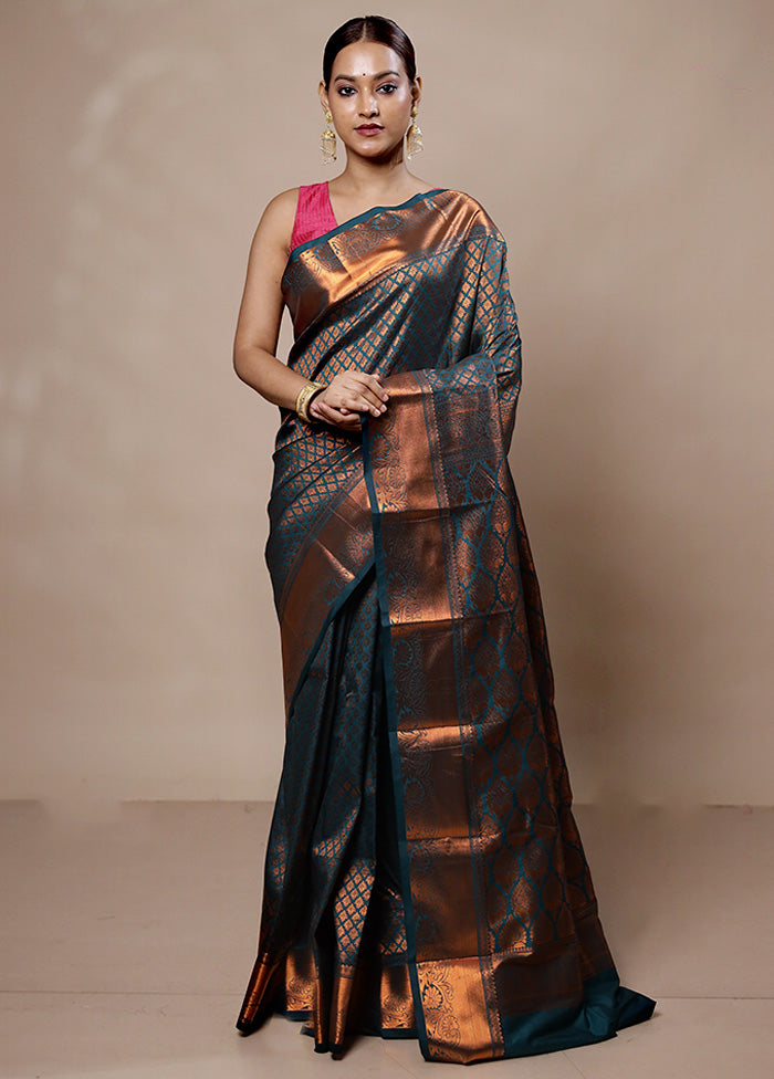 Blue Kanjivaram Silk Saree With Blouse Piece