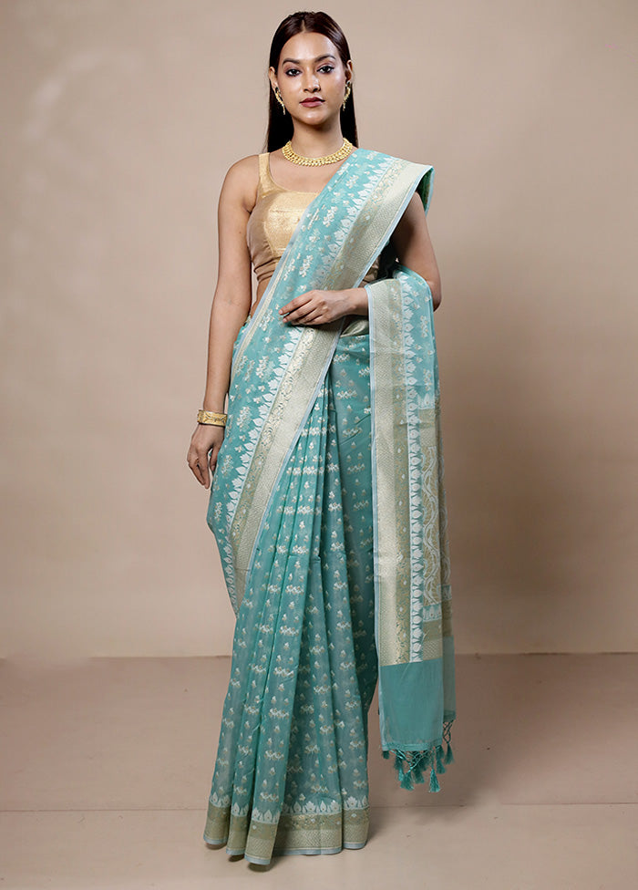 Blue Kora Silk Saree With Blouse Piece