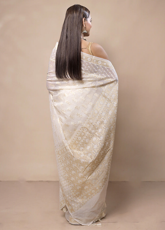 White Kora Silk Saree With Blouse Piece