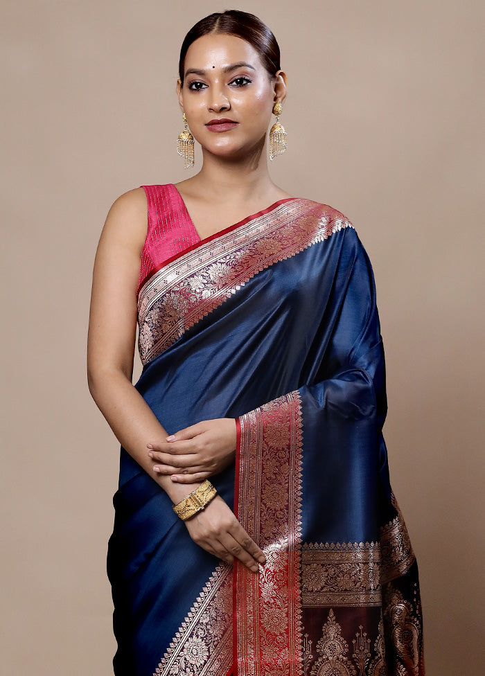 Blue Banarasi Silk Saree With Blouse Piece