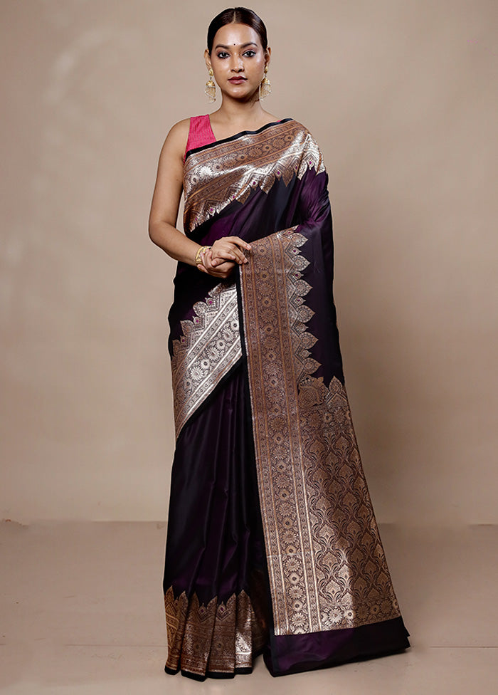 Wine Banarasi Silk Saree With Blouse Piece