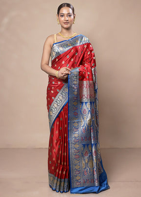 Red Handloom Banarasi Pure Silk Saree With Blouse Piece