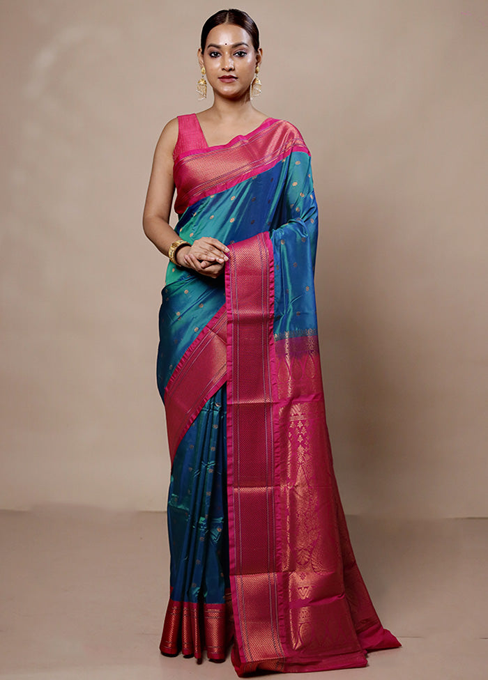 Blue Kanjivaram Silk Saree With Blouse Piece