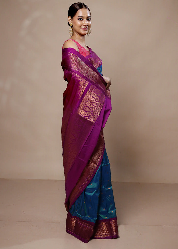 Blue Kanjivaram Silk Saree With Blouse Piece