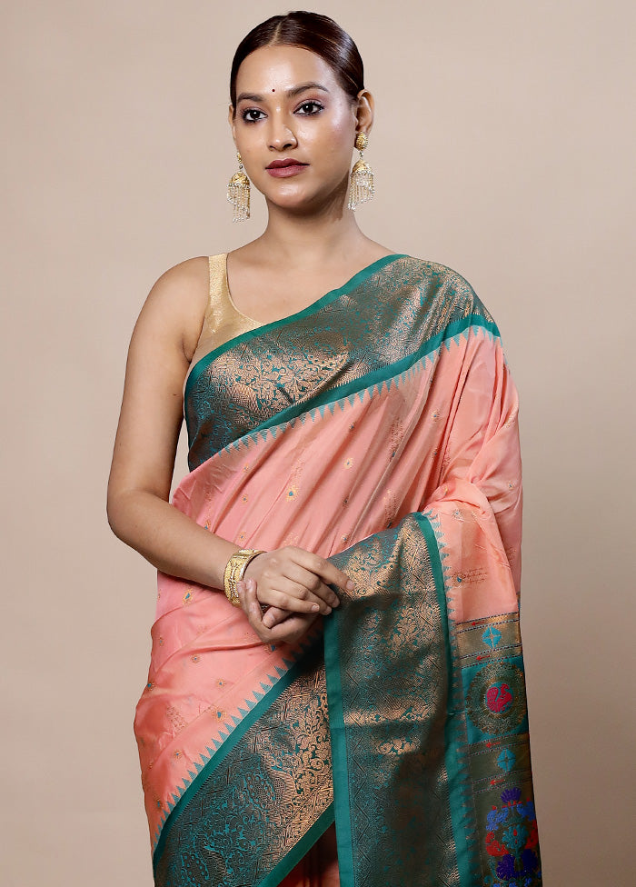 Peach Kanjivaram Silk Saree With Blouse Piece