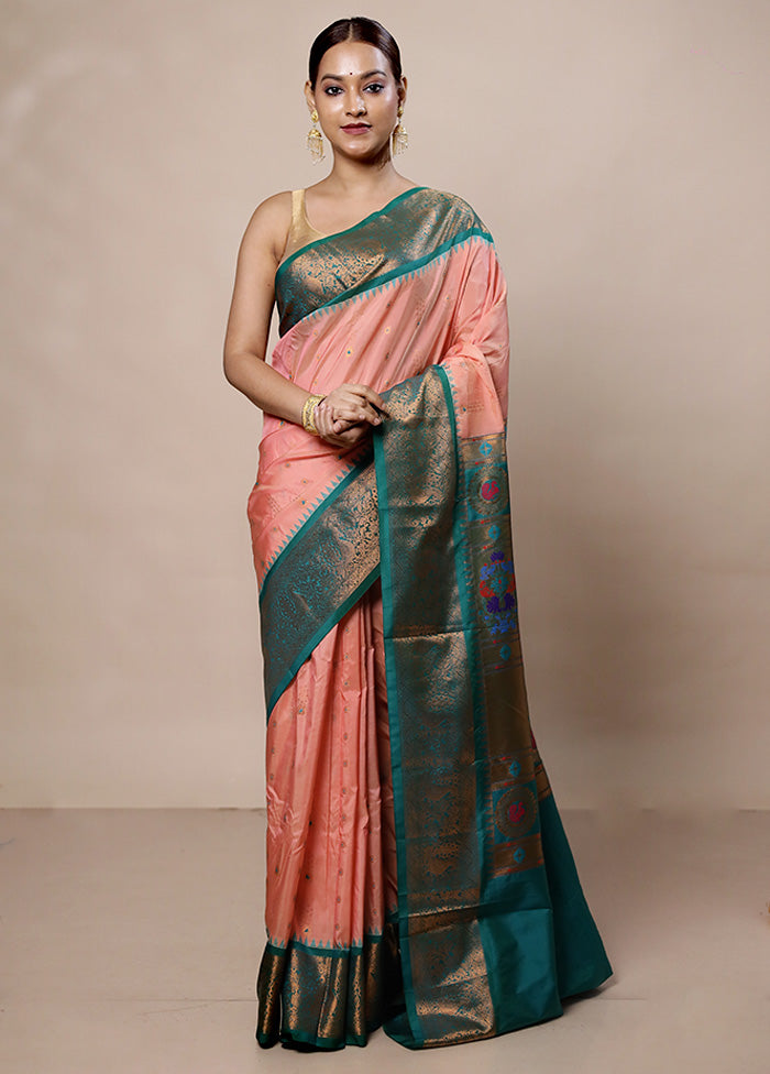 Peach Kanjivaram Silk Saree With Blouse Piece