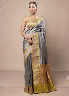 Grey Handloom Katan Pure Silk Saree With Blouse Piece