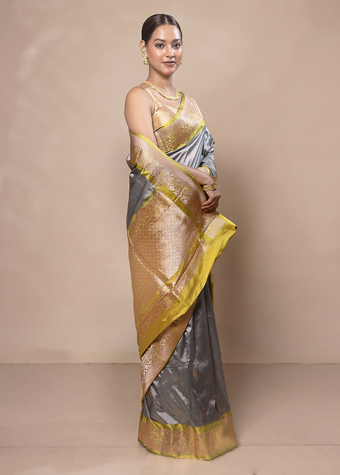 Grey Handloom Katan Pure Silk Saree With Blouse Piece