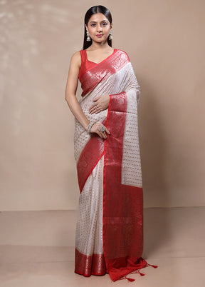 White Kora Silk Saree With Blouse Piece