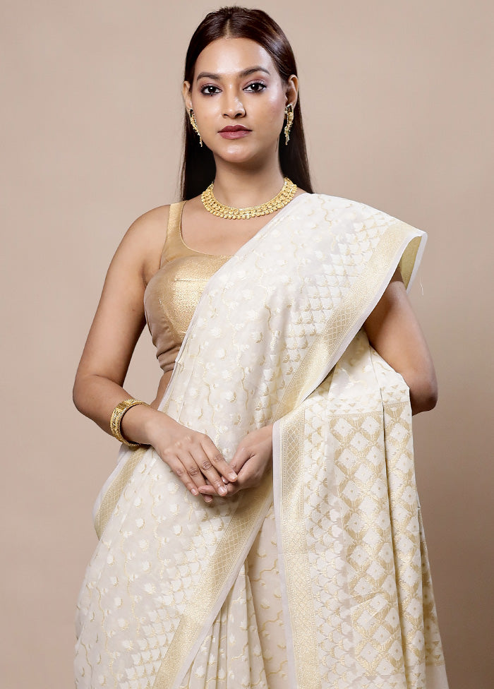 White Kora Silk Saree With Blouse Piece