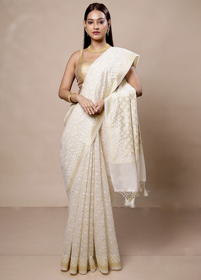 White Kora Silk Saree With Blouse Piece