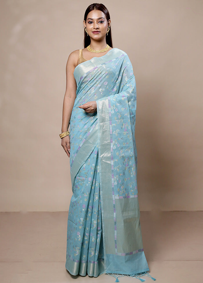 Blue Kora Silk Saree With Blouse Piece