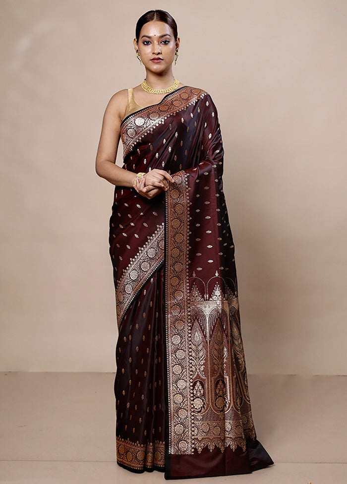 Brown Banarasi Silk Saree With Blouse Piece