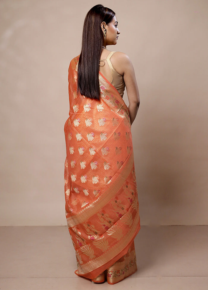 Peach Kora Silk Saree With Blouse Piece