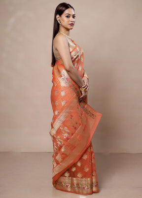 Peach Kora Silk Saree With Blouse Piece