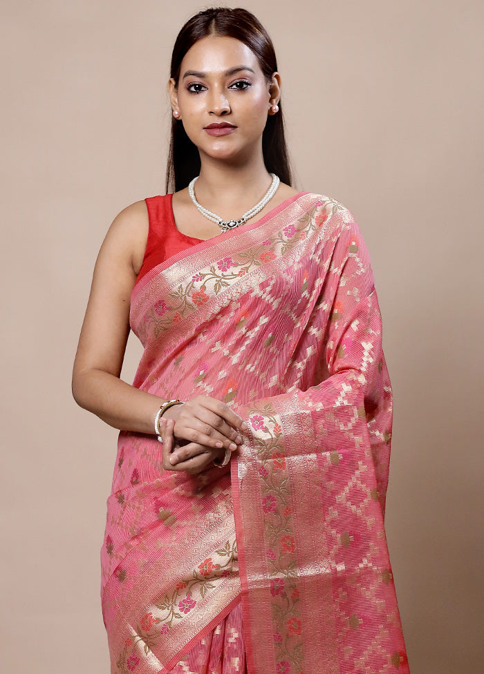 Pink Kora Silk Saree With Blouse Piece