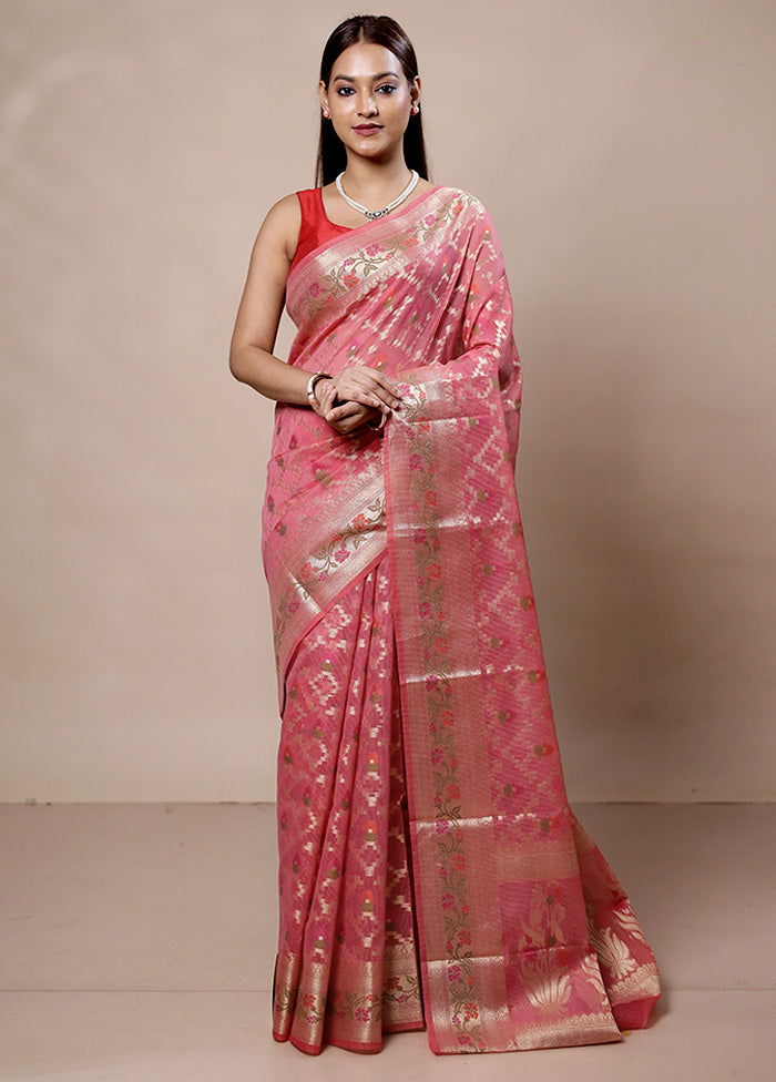 Pink Kora Silk Saree With Blouse Piece