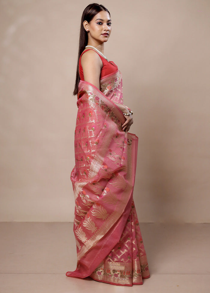 Pink Kora Silk Saree With Blouse Piece