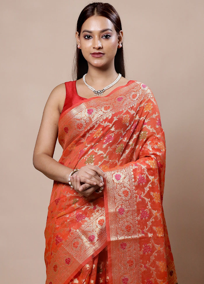 Orange Kora Silk Saree With Blouse Piece