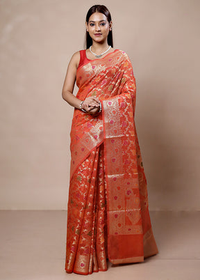 Orange Kora Silk Saree With Blouse Piece