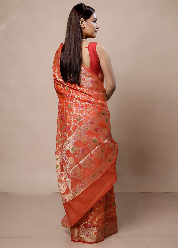 Orange Kora Silk Saree With Blouse Piece