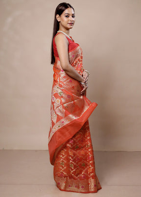 Orange Kora Silk Saree With Blouse Piece