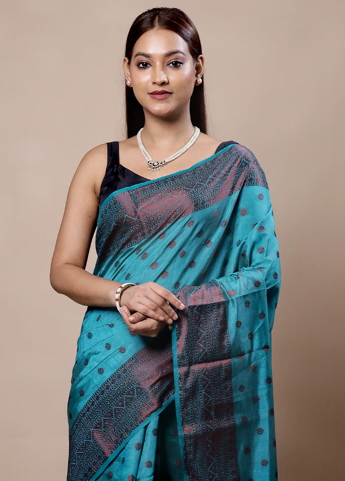 Blue Dupion Silk Saree With Blouse Piece