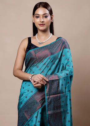 Blue Dupion Silk Saree With Blouse Piece