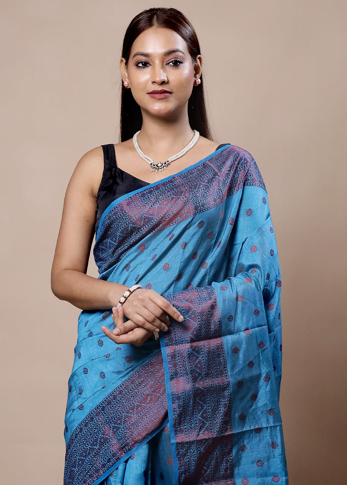 Blue Dupion Silk Saree With Blouse Piece