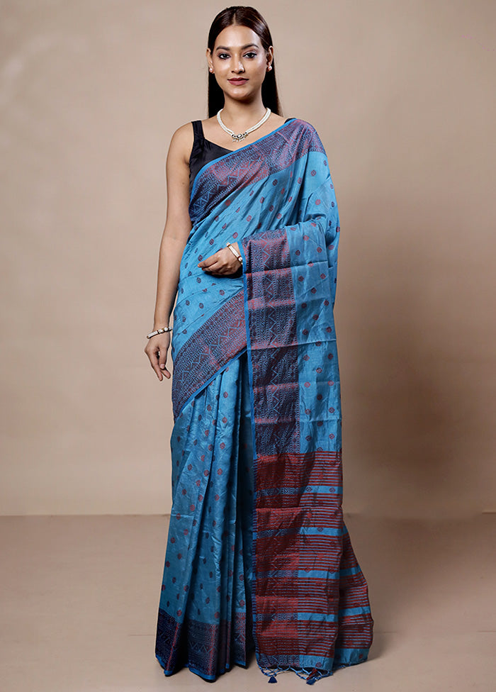 Blue Dupion Silk Saree With Blouse Piece