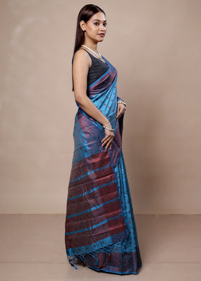 Blue Dupion Silk Saree With Blouse Piece