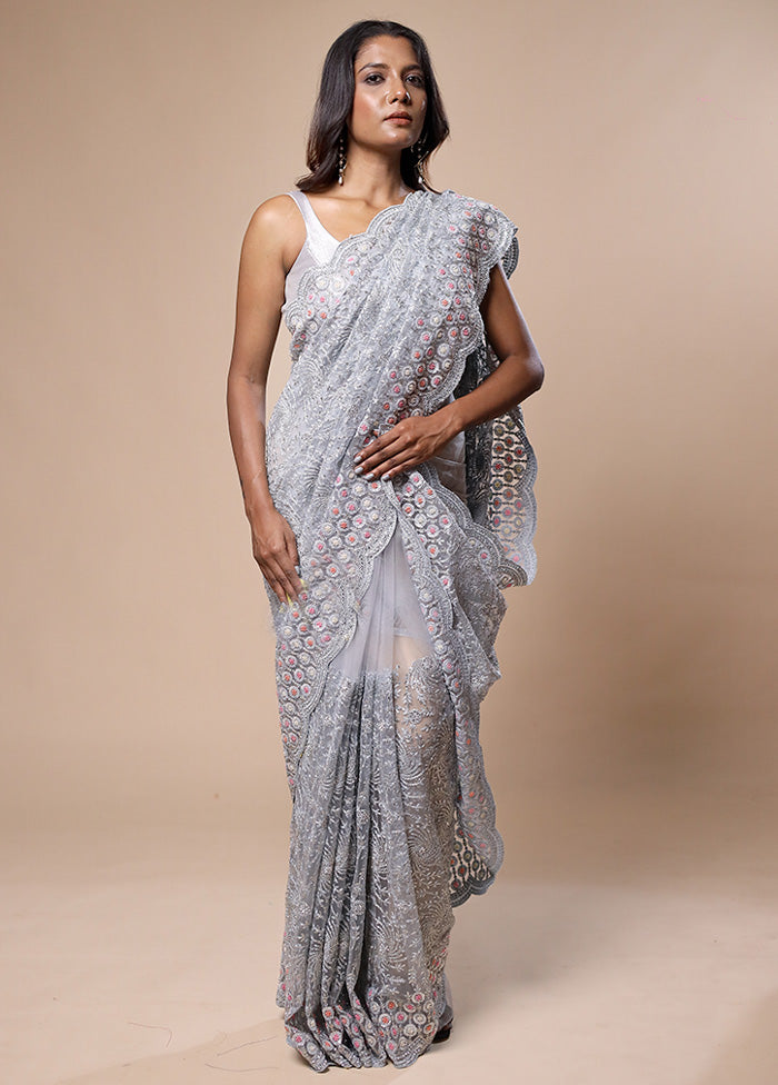 Grey Pure Handloom Jimmy Choo Saree With Blouse Piece