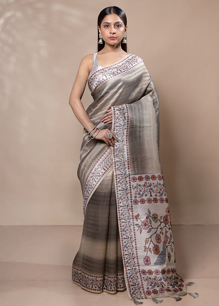 Grey Tissue Silk Saree With Blouse Piece