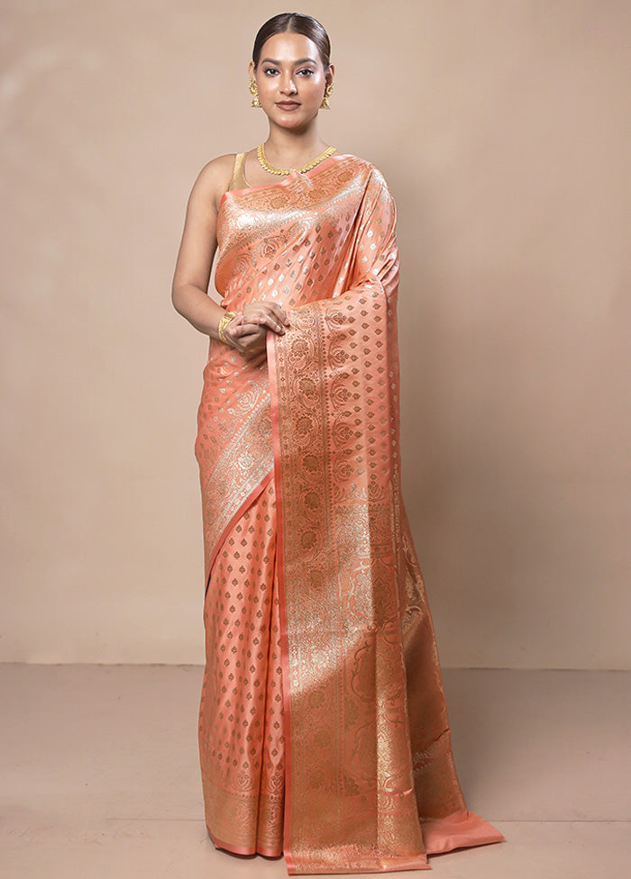 Peach Banarasi Silk Saree With Blouse Piece