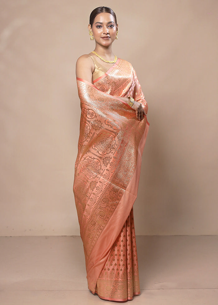 Peach Banarasi Silk Saree With Blouse Piece