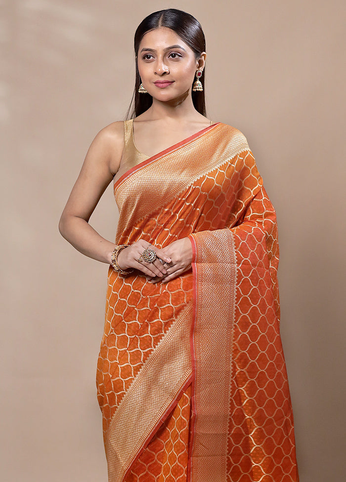 Orange Kora Silk Saree With Blouse Piece