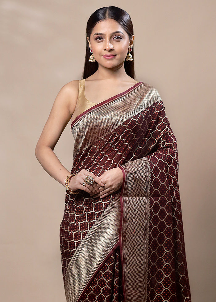 Maroon Kora Silk Saree With Blouse Piece