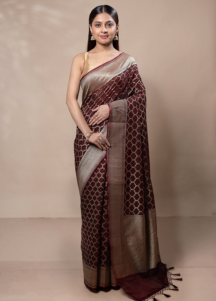 Maroon Kora Silk Saree With Blouse Piece