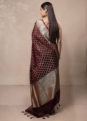 Maroon Kora Silk Saree With Blouse Piece