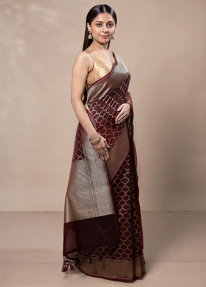 Maroon Kora Silk Saree With Blouse Piece