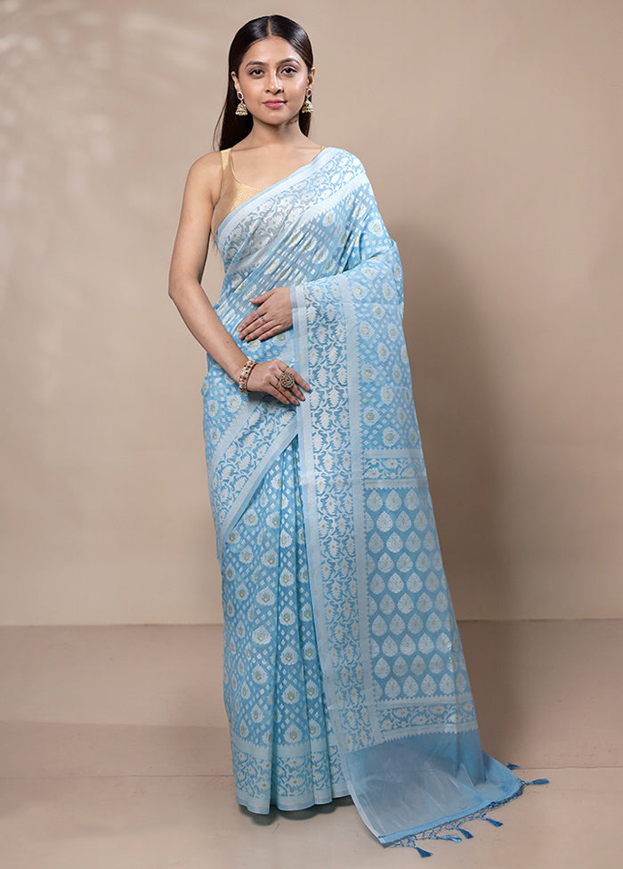 Sky Blue Kora Silk Saree With Blouse Piece