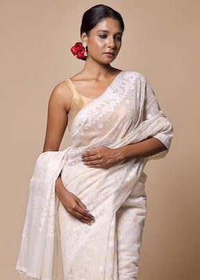 White Kora Silk Saree With Blouse Piece