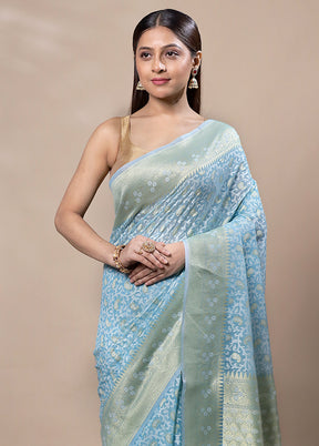 Sky Blue Kora Silk Saree With Blouse Piece