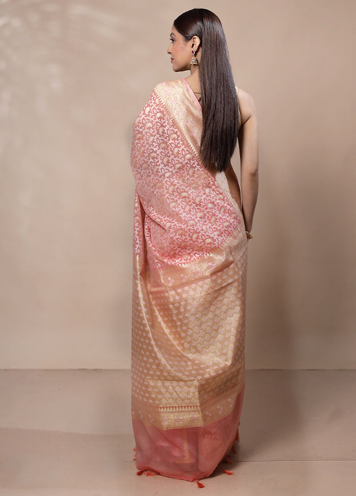 Peach Kora Silk Saree With Blouse Piece