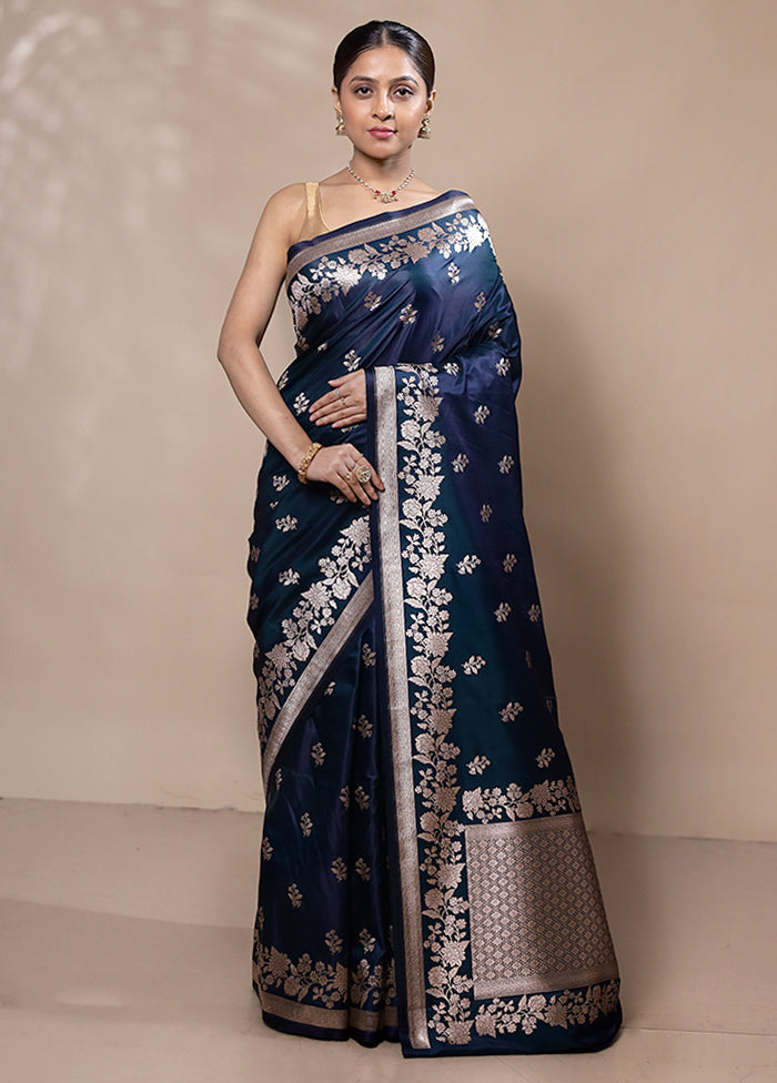 Blue Katan Silk Saree With Blouse Piece