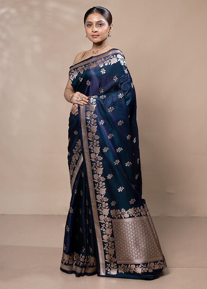 Blue Katan Silk Saree With Blouse Piece