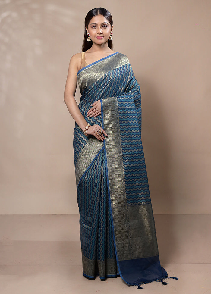 Blue Kora Silk Saree With Blouse Piece