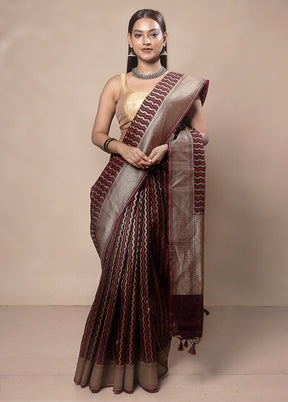 Maroon Kora Silk Saree With Blouse Piece