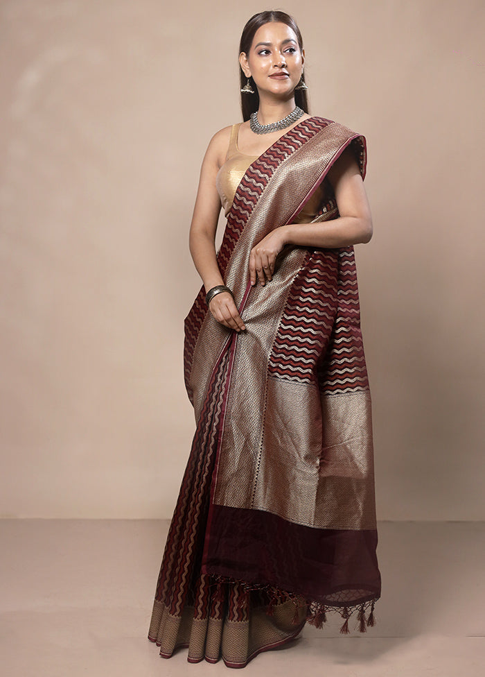 Maroon Kora Silk Saree With Blouse Piece